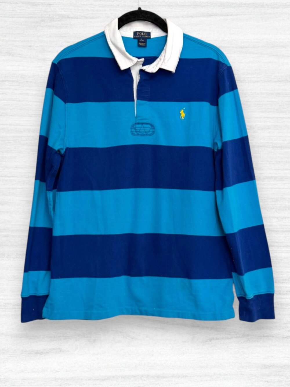 Polo Ralph Lauren Boys L 14-16 Blue Stripe Rugby Shirt Long Sleeve Cotton Preppy